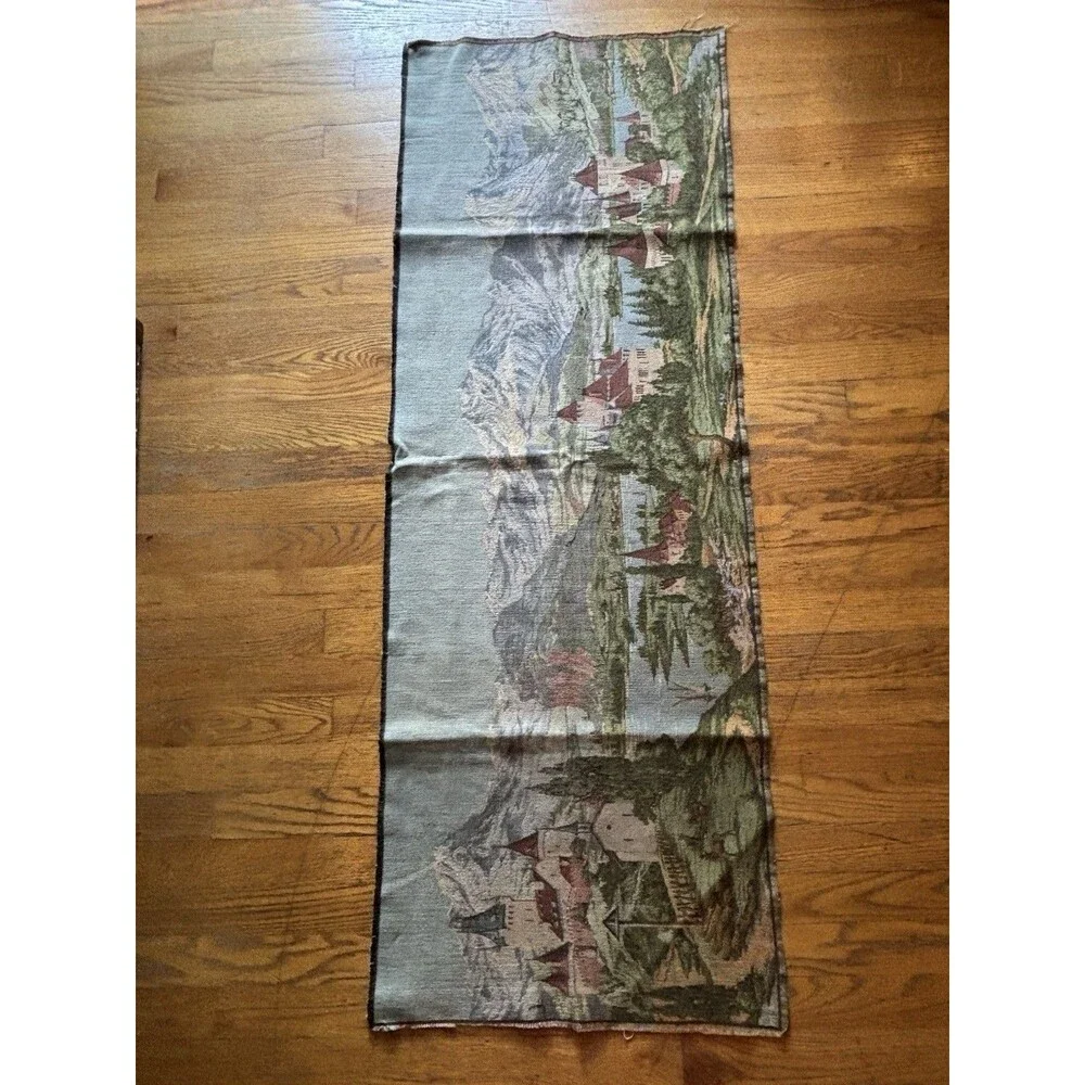 Vintage European Woven Tapestry Alpine Castle Mountain Lake Scenic Wall Art